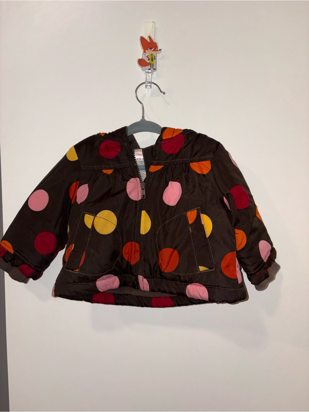 Vintage Gymboree Brown Hooded Puffer Jacket with Pink, Red, Orange & Yellow Dots